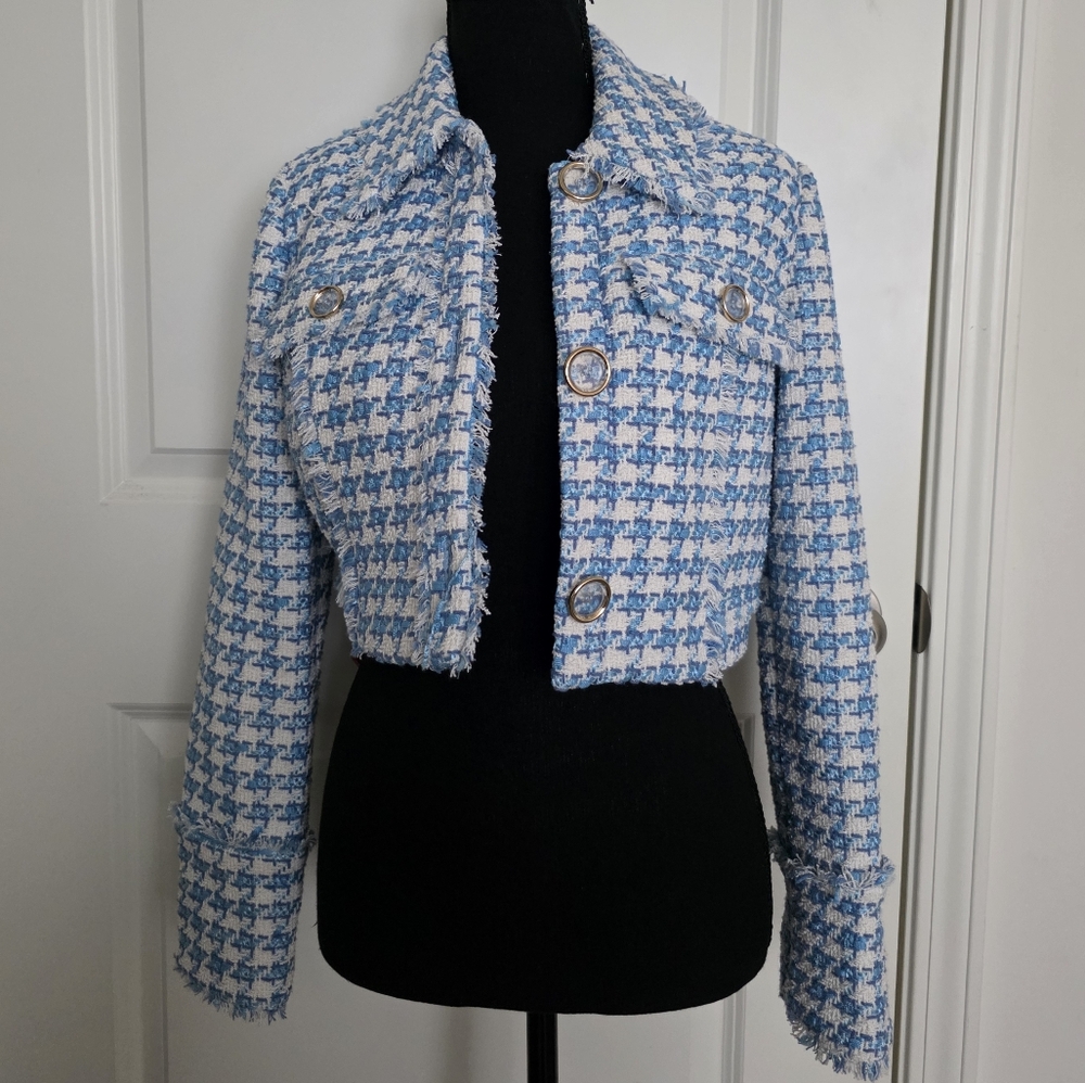Ramy Brook Maleah Houndstooth Tweed Jacket NWT Womens S Blue Preppy City Chic